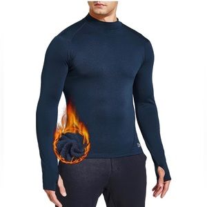 Thermal Fleece Lined Mock Neck Baselayer Long Sleeve Athletic Shirt W/Thumbholes
